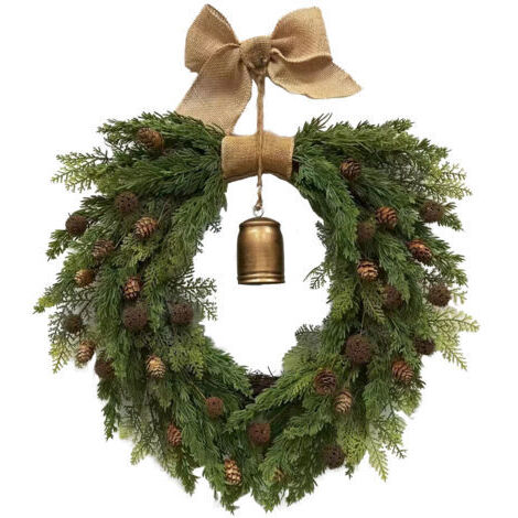 RHG Couronne de Noël avec clochettes de 50 cm et nœud en tissu de chanvre fait main - Décoration d'intérieur en matériaux naturels