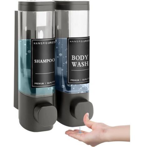 RHG Distributeur de Savon Mural, Distributeur Gel Douche, Distributeur Double de Shampoing et Après-shampoing sans Perçage ABS pour Salle de Bain Cuisine Marché Hôtel Restaurant 300ML2(Gris)