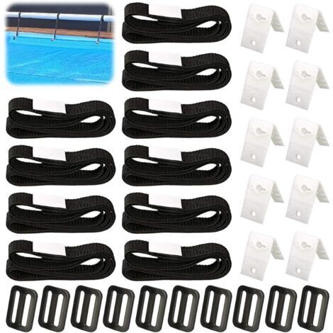 RHG Fixation pour Bâche Solaire de Piscine,10 Pièces Kit de Sangles de Couverture Solaire,Enrouleur de Couverture Solaire,Sangles de Fixation,Pinces,Boucles,pour Piscine Universelle