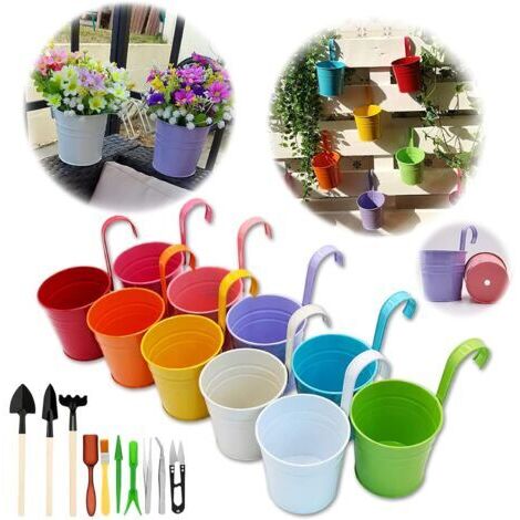 RHG Ineasicer Lot de 10 Pots de Fleurs à Suspendre en métal avec Trou de Drainage Crochet Amovible Assortiment (17x10x8 cm avec des Outils de Jardin)