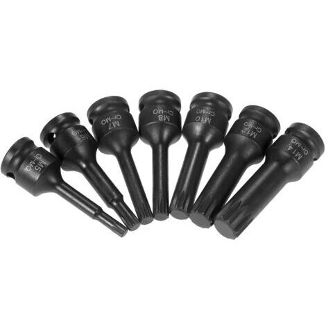 RHG Jeu de douilles à chocs 3/8 pouces, 7 pièces, tailles métriques (5mm, 6mm, 7mm, 8mm, 10mm, 12mm, 14mm), embout cannelé triple carré XZN en acier cr-mo