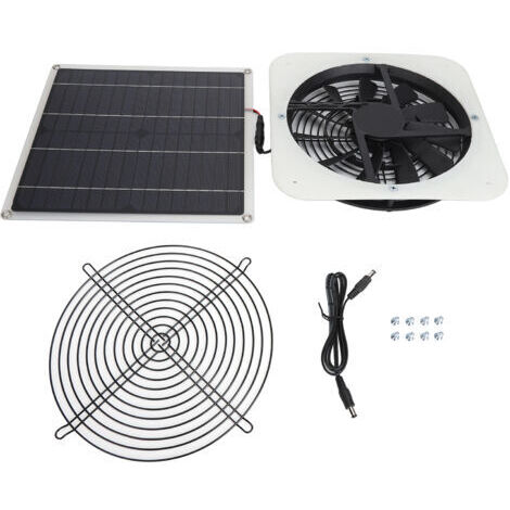 RHG Kit de ventilateur de panneau solaire, ventilateur d'extraction solaire 100W, panneau à énergie solaire avec ventilateur rond de 10 pouces pour serre, hangar, poulailler, blanc