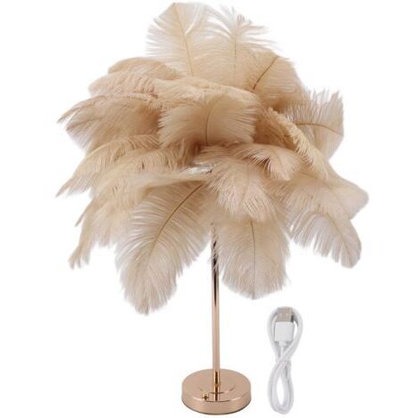RHG Lampe de table en plumes d'autruche 55 cmÉclairage à 3 couleursRechargeable avec batterie 2000 mAhAbat-jour élégant