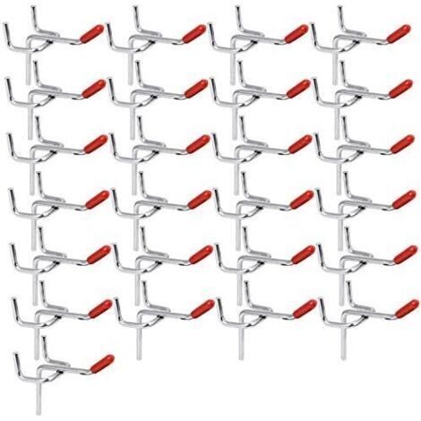 RHG Lot de 25 crochets robustes en acier inoxydable pour panneaux perforés, crochets porte-outils de 50 mm pour marteau, tournevis, clés, atelier de garage (trous de 32 mm)