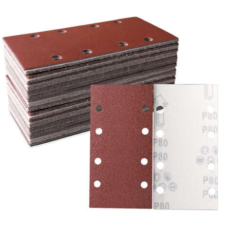 RHG Lot de 50 feuilles abrasives 93 x 185 mm Papier abrasif carré auto agrippant 8 trous 80 grains Idéal pour ponçage, polissage et dérouillage Convient pour ponceuse rectangulaire
