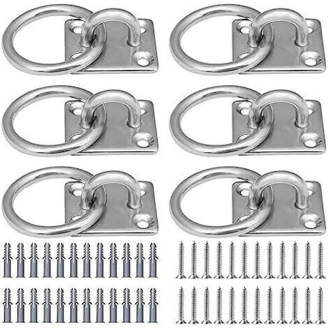 RHG Lot de 6 plaques oculaires en Acier Inoxydable Œillets carrés avec Anneau argenté Crochet de Plafond avec 24 vis et 24 Tubes d'expansion, pour Corde de Yoga et ha