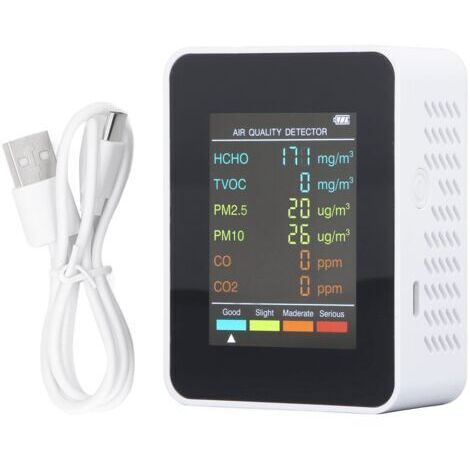 RHG Moniteur de qualité , compteurs de qualité de l’air intérieur 6 en 1, détecteur portable de dioxyde de carbone, écran LCD rétroéclairé CO2 TVOC HCHO PM2.5 PM10 Testeur pour la maison et le bur