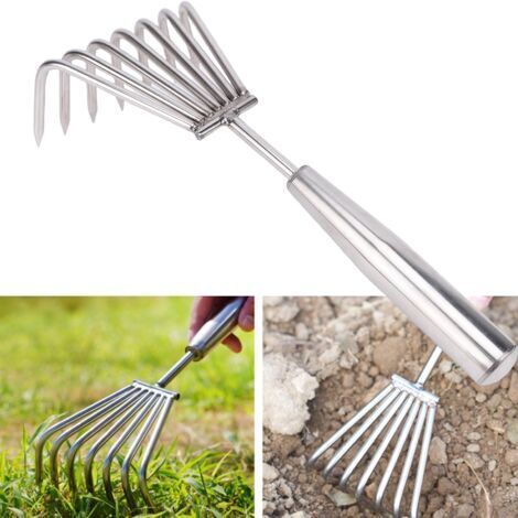 RHG Râteau à main en acier inoxydable, petit râteau de plage avec poignée confortable et 7 dents robustes pour le jardinage et autres usages.