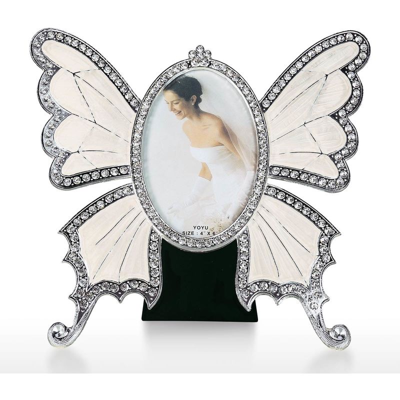 

Tooarts - Rhinestone Decorado Elipse Scalewing Design Vintage Metal Photo Frame, Blanco, M