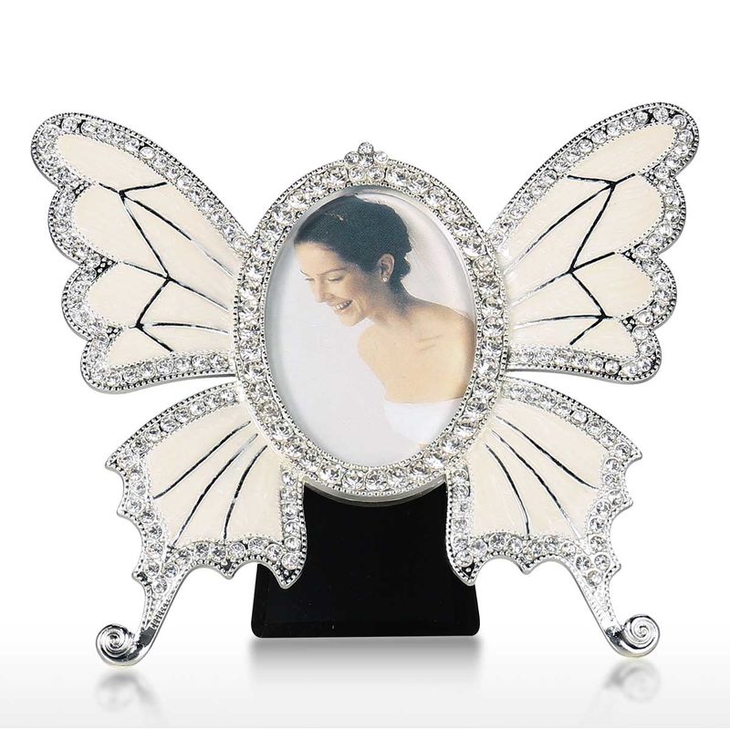 

Rhinestone Decorado Elipse Scalewing Design Vintage Metal Photo Frame, Blanco, XS