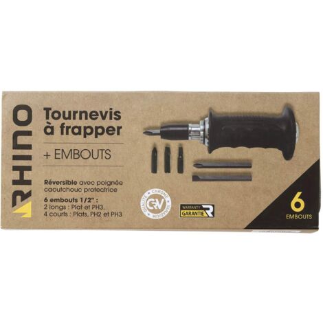 RHINO 15412 - Cacciavite a percussione 1/2" reversibile + 6 punte piatte, PH2, PH3, impugnatura ergonomica e protettiva in gomma permette di sbloccare tutti i tipi di viti