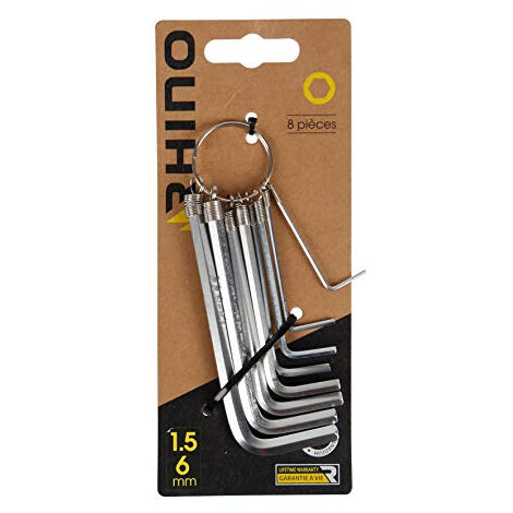 RHINO - CLéS ALLEN - LOT DE 8 CLéS MâLE HEXAGONALE, JEU DE 8 CLéS ALLEN - DIAMèTRE 1.5 à 6 MM - FABRIQUé EN ACIER (CHROME VANADI