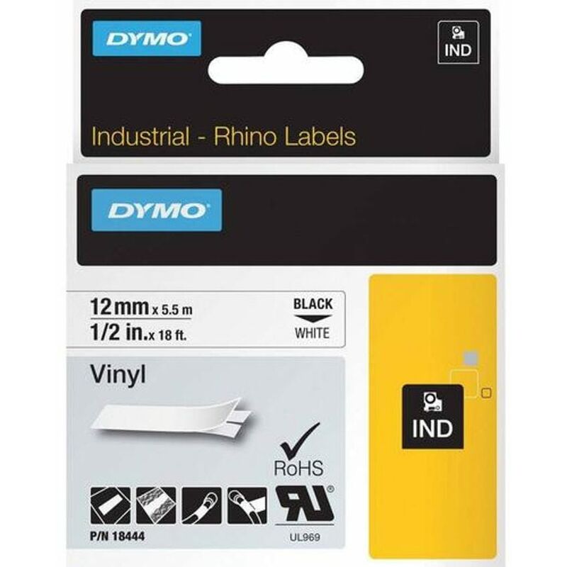 Dymo Rhino Industrial Vinyl Tape 12mmx5.5m Black on White 18444