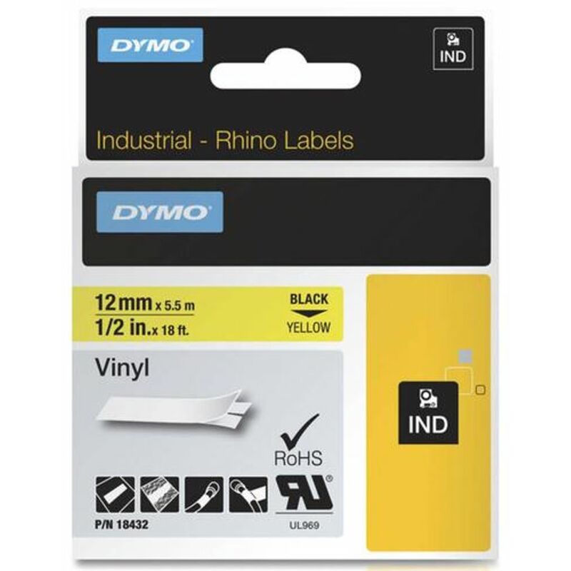 Dymo - Rhino Industrial Vinyl Tape 12mmx5.5m Black on Yellow 18432