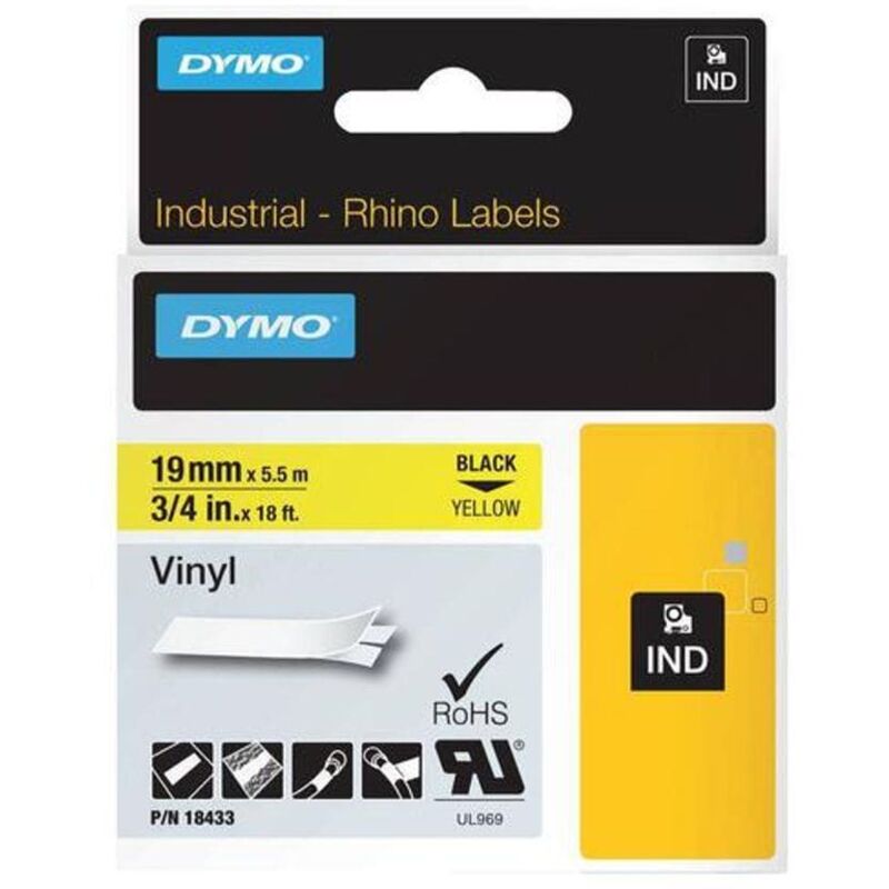 Dymo - Rhino Industrial Vinyl Tape 19mmx5.5m Black on Yellow 18433