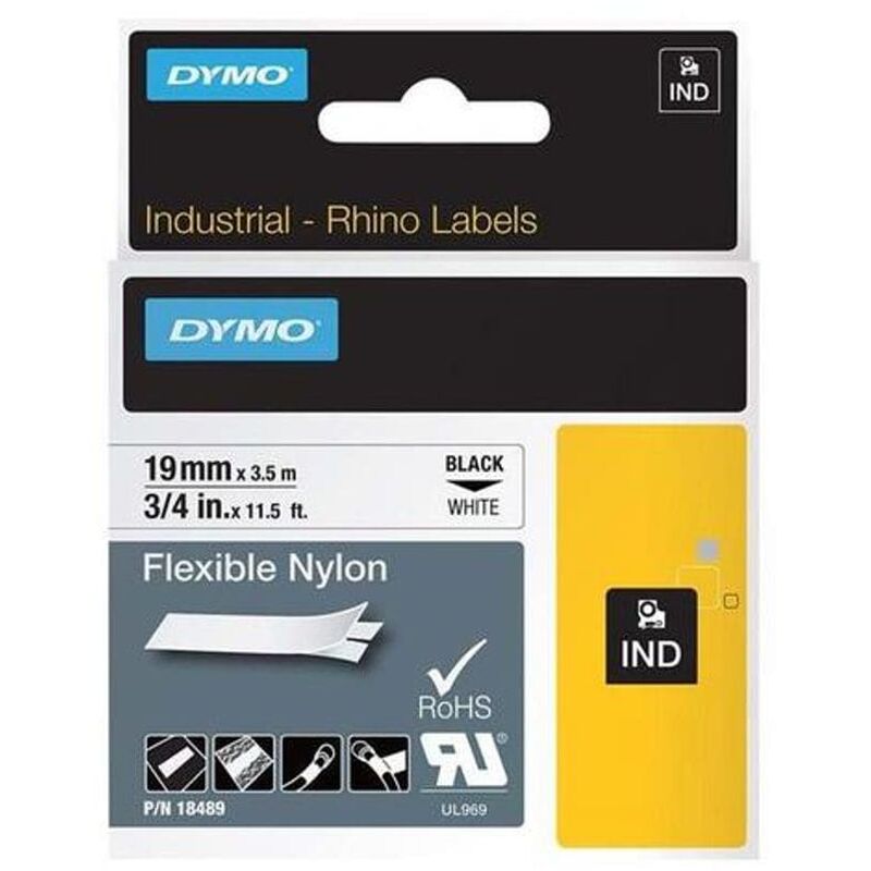 Dymo Rhino Industrial Nylon Tape 19mmx3.5m Black on White 18489