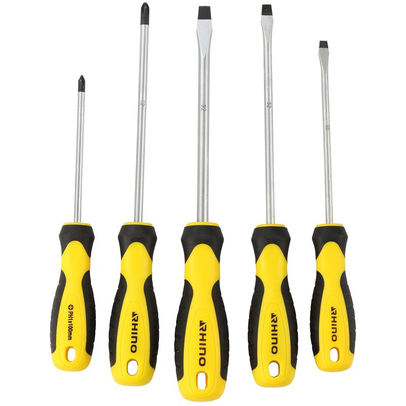 Rhino - jeu de 5 tournevis plat & cruciforme - lot de 5 tournevis plat & cruciforme - lame acier S2 - plat (5 à 8 mm) cruciforme