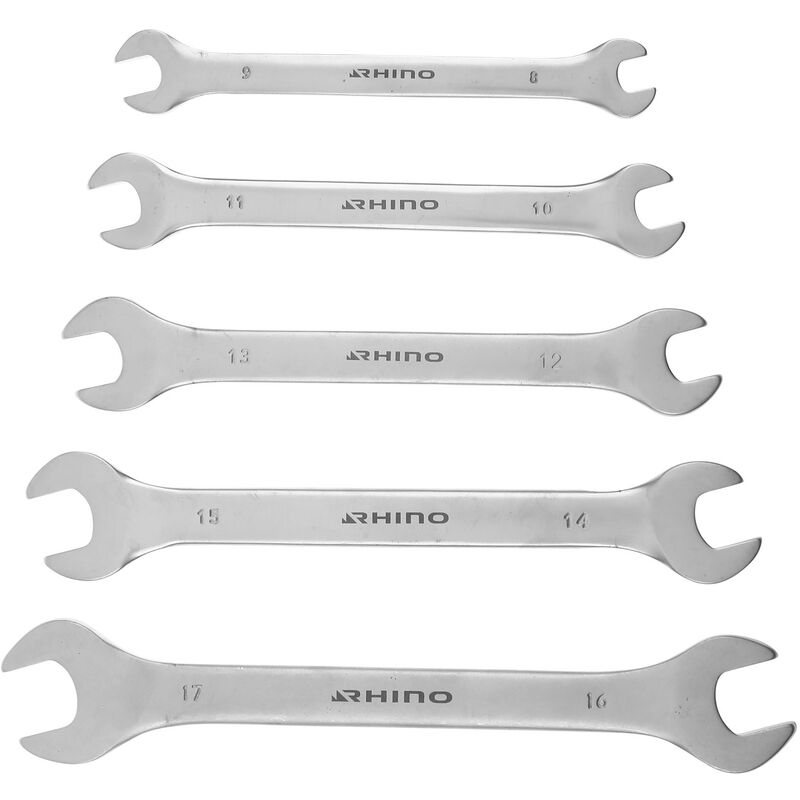 Rhino - lot de 5 clés à fourches, jeu de 5 clés plates, clés de serrage - diamètre 8 à 17 mm - fabriqué en acier (chrome vanadiu