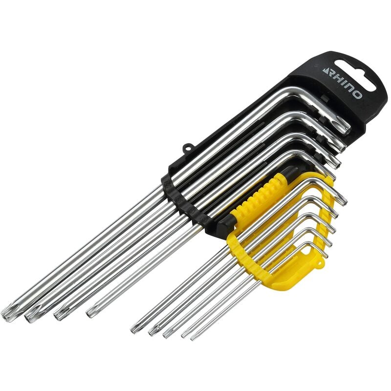 Rhino - lot de 9 clés mâle longues étoile alésées, jeu de 9 clés torx alésées sur support - diamètre T10 à T50 - fabriqué en aci