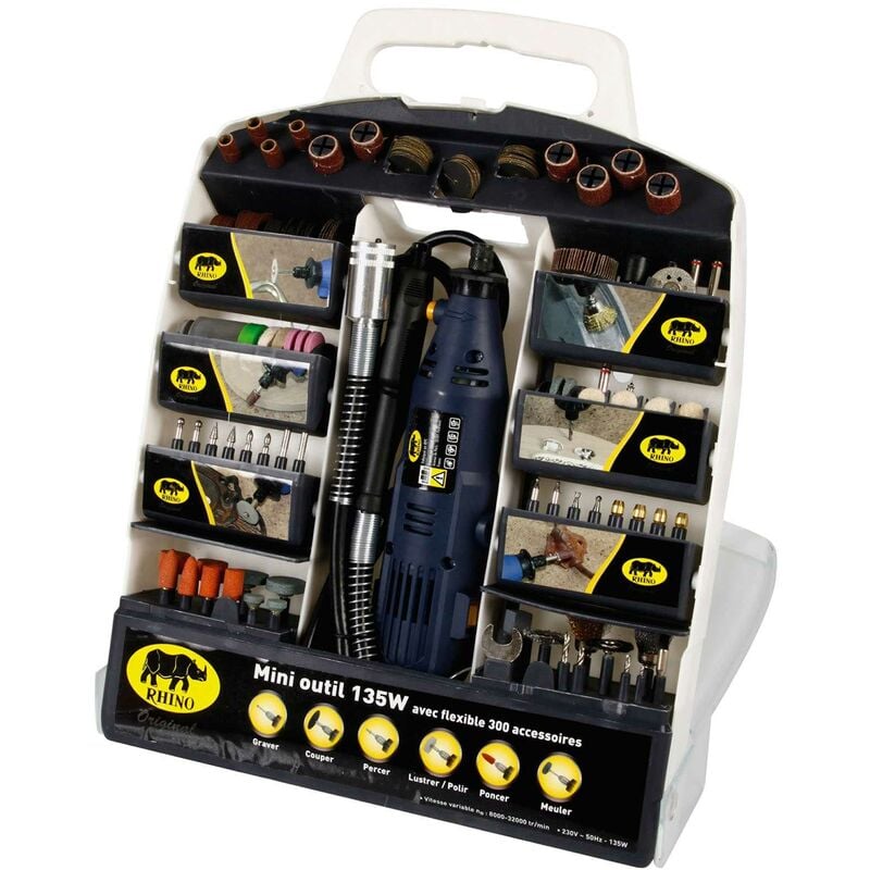 Outils rotatifs multifonction, coffret complet outil multifonction 135W + 1 flexible + 300 accessoires - vitesse de rota - Rhino