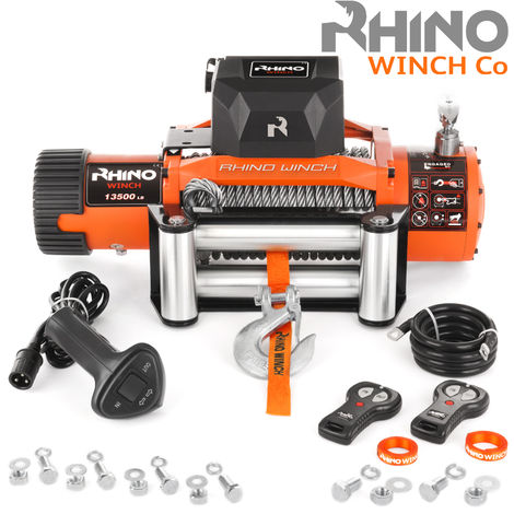 Electric Recovery Winch RHINO 12v 13500 lb / 6125 kg Synthetic Rope Stronger than Steel Orange with Two Wireless Remotes - 2 Years Warranty