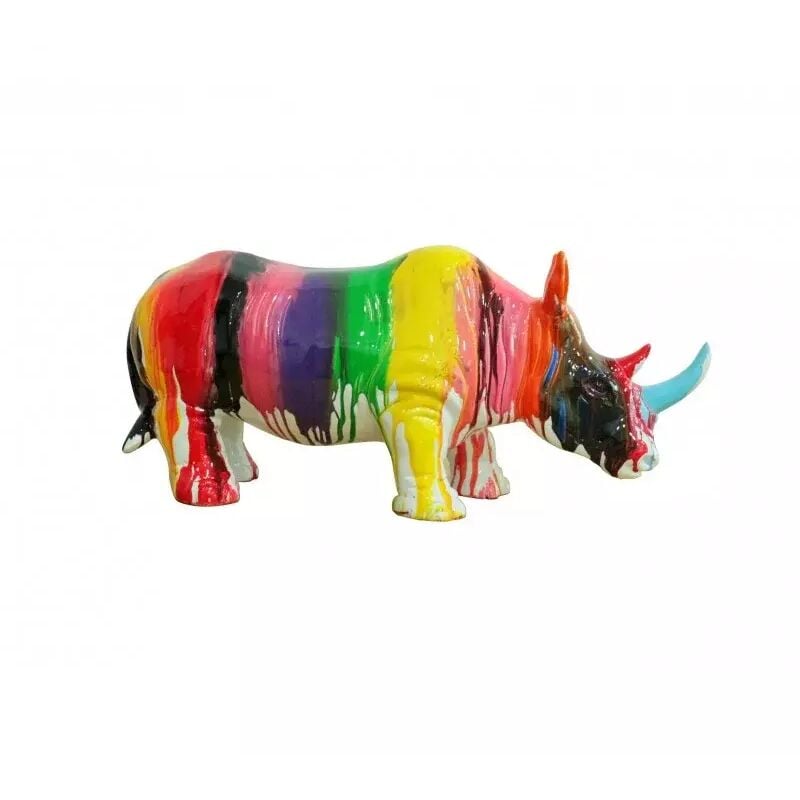 Meubletmoi - Statue rhinocéros avec coulures multicolores H24 cm - rhino drips 01