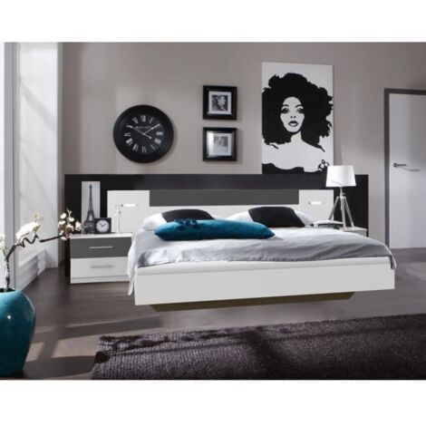RHODES Lit adulte avec 2 chevets et 2 liseuses - 160 x 200 cm - Blanc /Graphite