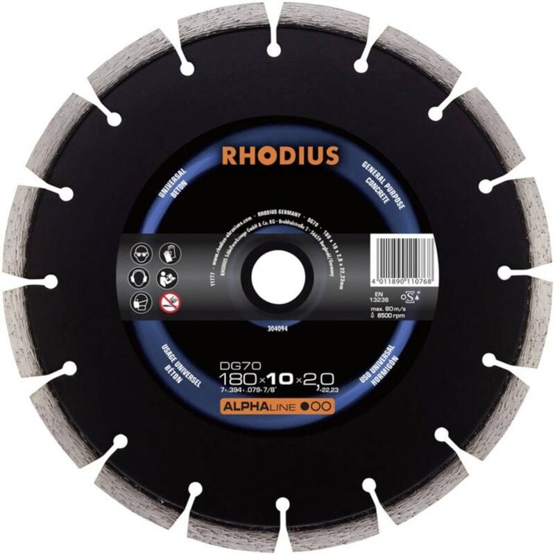 304094 DG70 Disque à tronçonner diamanté Diamètre 180 mm ø de perçage 22.23 mm Béton 1 pc(s) - Rhodius