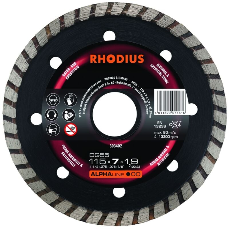 RHODIUS Disque de tronconnage diamant - ALPHALINE - DG55 - 115 X 7,0 X 1,9 X 22,23mm