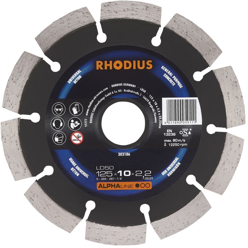 Disque de tronconnage diamant - alphaline - LD50 - 125 x 10 x 2,2 x 22,23mm - Rhodius