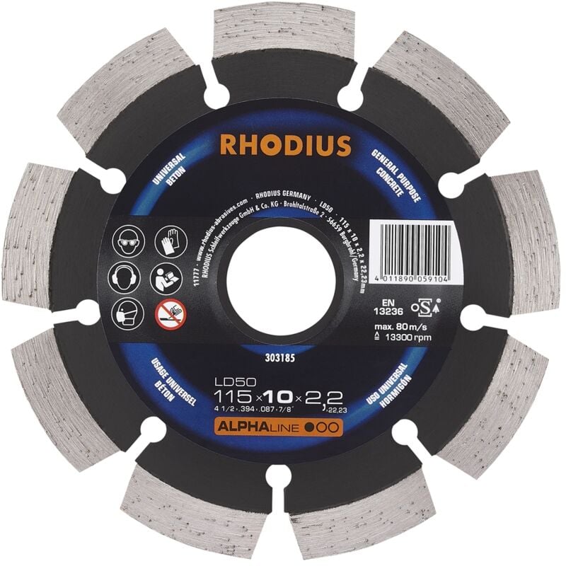 Disque de tronconnage diamant - alphaline - LD50 - 115 x 10,0 x 2,2 x 22,23mm - Rhodius