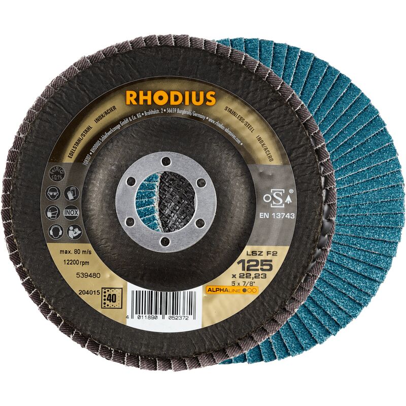 Lsz F2, 10 Stück, 115 mm, Korn 60, Fächerschleifscheibe - Rhodius