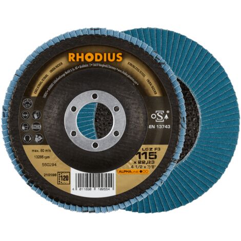 RHODIUS LGZ F3, 10 Stück, 115 mm, Korn 120, Fächerschleifscheibe