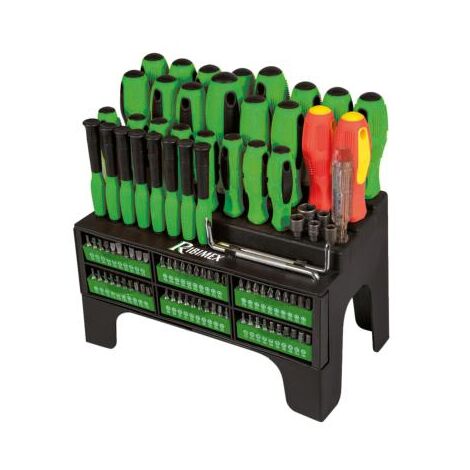 Ribimex – Coffret de tournevis 101 pièces – Embouts pour vis à tête cruciforme et plate – Support de rangement inclus – Pour travaux d'atelier