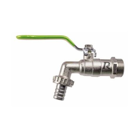 Ribimex – Robinet extérieur quart de tour – Corps laiton nickelé – Entrée 20x27 – Sortie 20x27 – Raccord cannelé pour tuyau Ø 15