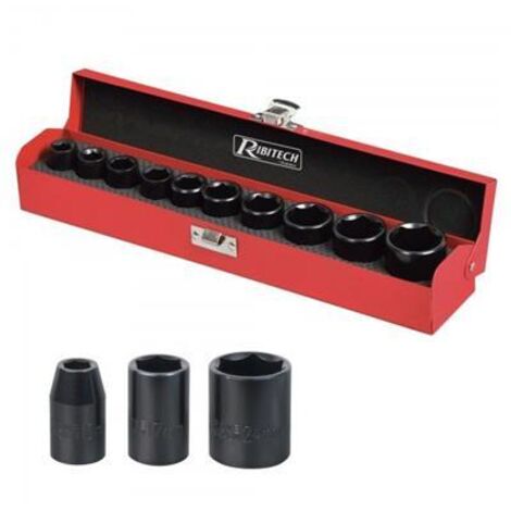 Ribitech – Coffret métal de 10 douilles à choc 38mm – Dureté HRC 42-48 – Emmanchement 1/2' – Dimensions 10 à 27mm