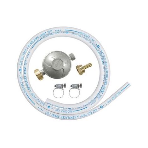 Ribitech – Tuyau souple butane 1,50 m – Détendeur 28 mbar avec limiteur de débit – Embout M. 20x150 conforme NF EN 12864 – 2 colliers de serrage NF Gaz