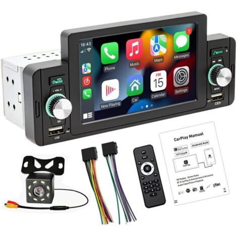 Ricevitore multimediale stereo per auto con touch screen da 5 pollici, supporta chiamate in vivavoce Bluetooth, FM, SWC, USB, AUX, Mirror Link e telecamera posteriore MNS a 8 LED.