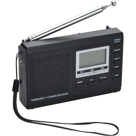 Ricevitore radio portatile AM/FM/SW1-7 a 9 bande con altoparlante e cuffie, eccellente ricezione radio digitale con visualizzazione dell'ora 12/24 ore, retroilluminazione, sveglia, funzionamento a bat