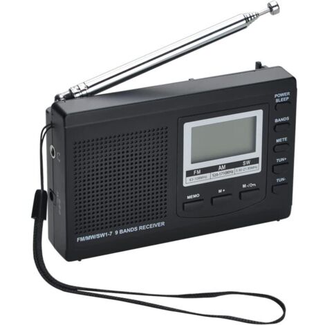 Ricevitore radio portatile AM/FM/SW1-7 a 9 bande con altoparlante e cuffie, ricezione eccellente, radio digitale con visualizzazione dell'ora 12/24 ore, retroilluminazione, sveglia, funzionamento a ba