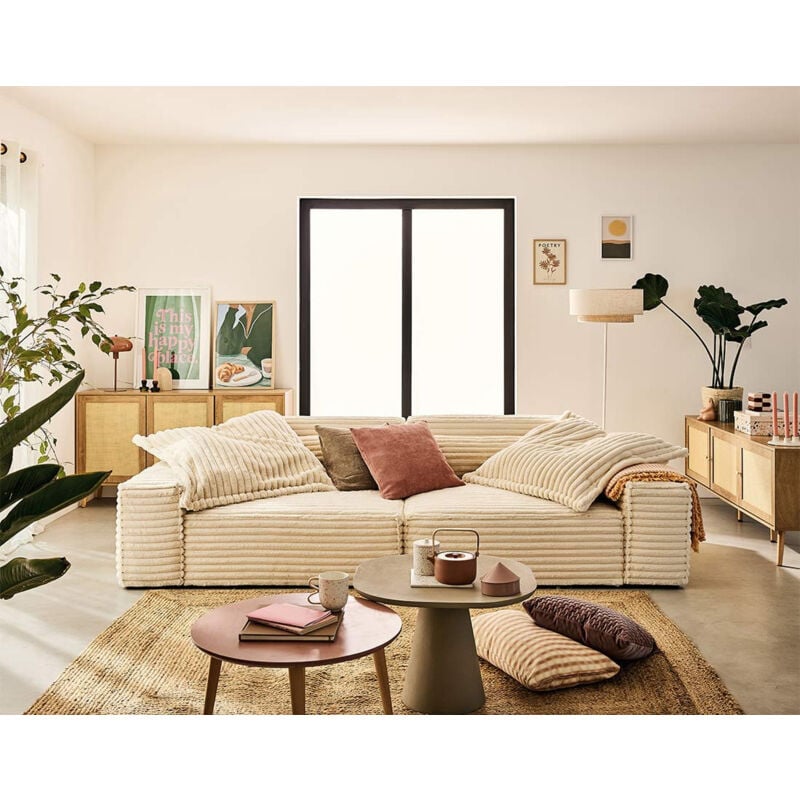 Lisa Design - Richie - canapé droit 3 places avec double méridienne - assise profonde - en fausse fourrure côtelée - beige