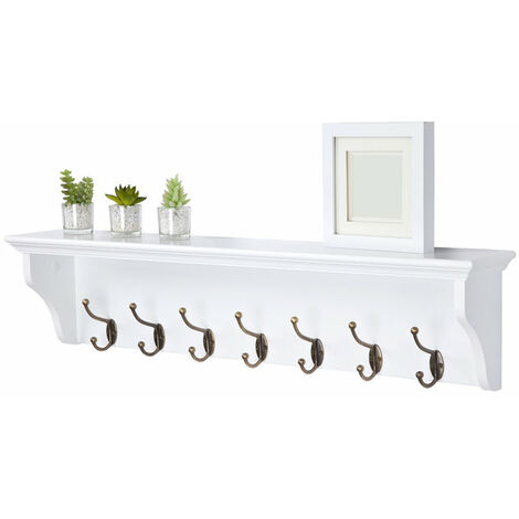Richmond White Wooden Coat Rack with 7 Hooks // Wall-mounted Storage Shelf for Hallway, Bathroom, Kitchen, Cloakroom - White