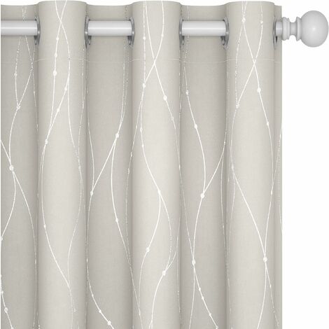 Rideau 52 x 63 Pouces/132 x 160 CM, Beige, 2 Panneaux Blackout Beige Rideaux et Tentures pour Salon - Décoration de la Maison, Rideaux Obscurcissants avec Ligne Vague avec Imprimé à Pois - Beige/Argent
