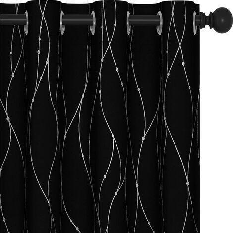 Rideau 52 x 63 pouces/132 x 160 cm, noir, 2 panneaux occultants rideaux noirs pour salon, 63 pouces/160 cm de long - rideaux de fenêtre à œillets avec ligne ondulée avec motif à pois - Noir argent