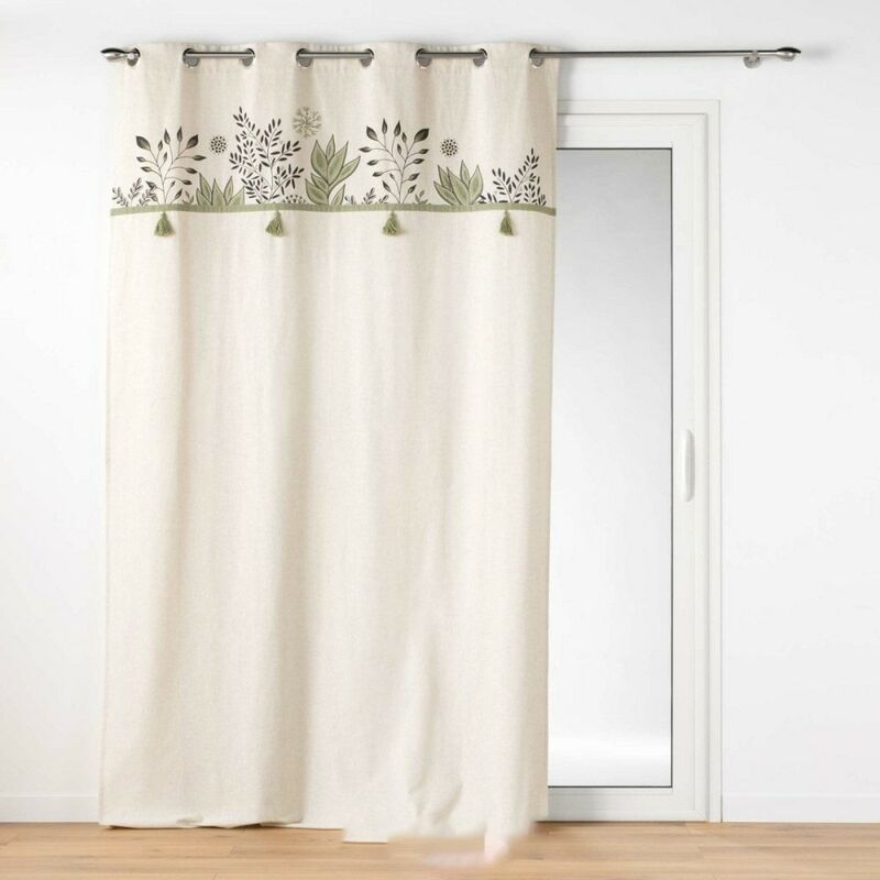 Rideau à œillets 140x240 pompons Suzanne vert coton recyclé