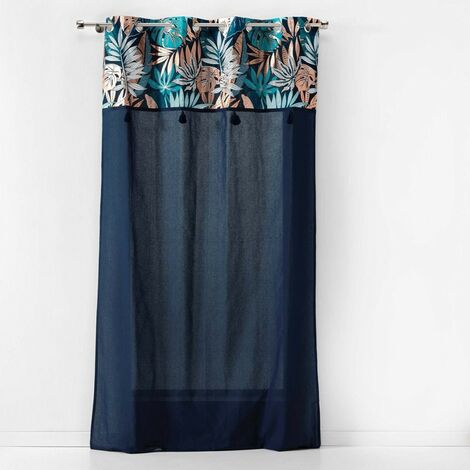 Rideau à œillets 140x240 uni top métallisé pompons Alianor bleu coton - Bleu