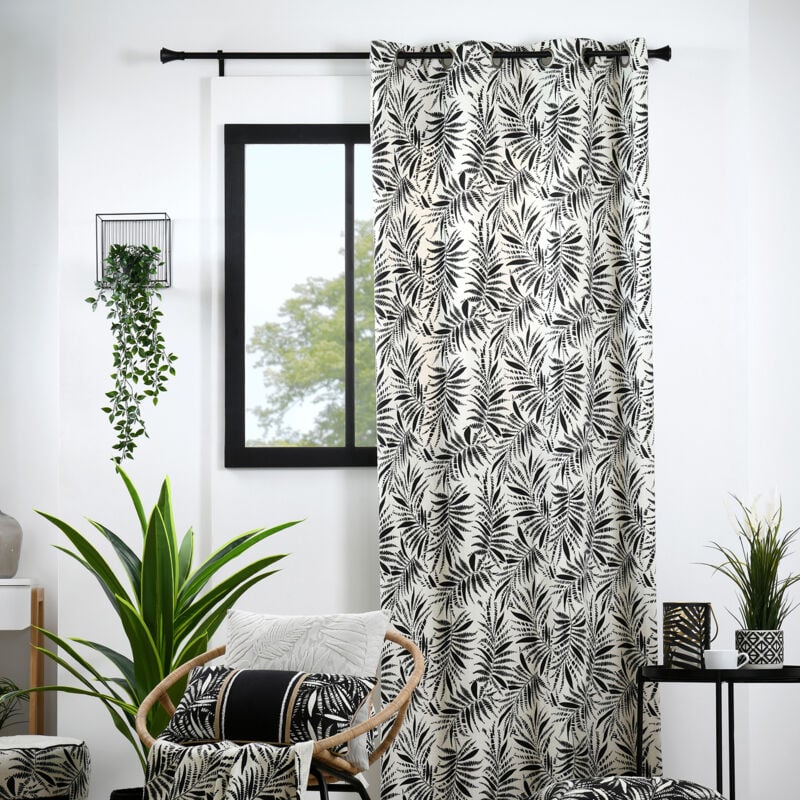 Lovely Casa - Rideau à oeillets imprimé feuillage tropical en coton Ecru 140x260 cm