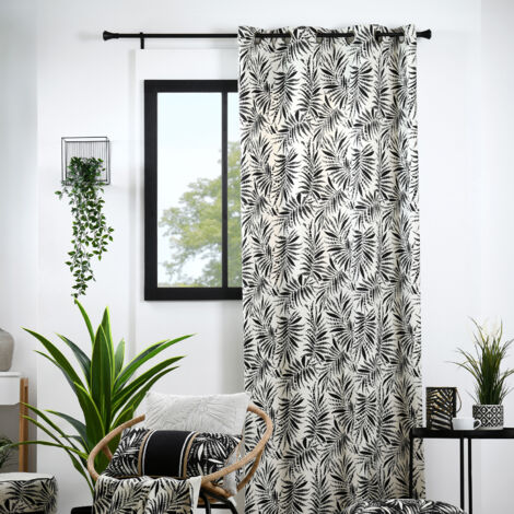 Rideau à oeillets imprimé feuillage tropical en coton Ecru 140x260 cm