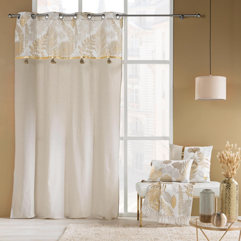 Rideau a oeillets polycoton uni + haut métallisé pompons Melissa 140 x 240 cm