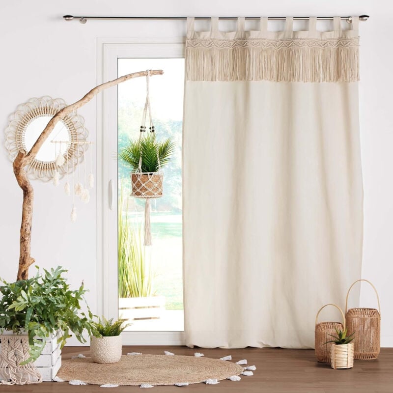 Rideau à Passants 140 x 240 cm en Polycoton écru et haut Macrame, Samaya